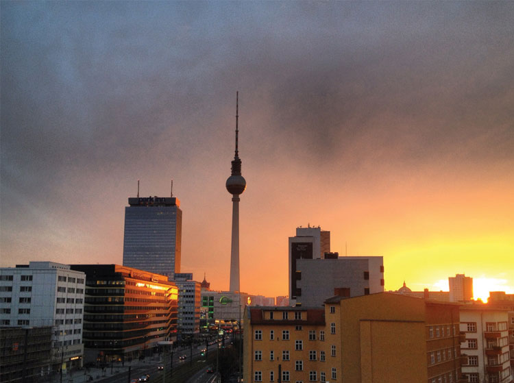 Soho House Berlin TV Tower at sunset.