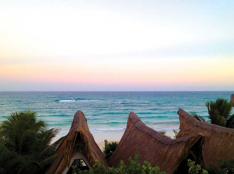 Casa Violeta Sunset views from the rooftop of the rustically designed palapas. Such an inspiring color palette. 