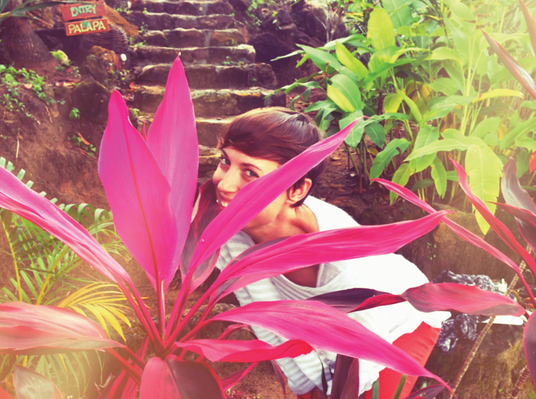 Verana Me posing behind the plants by the private path to our room.
