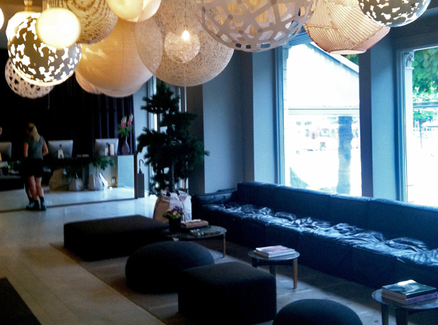 Nobis Hotel  The lobby is well appointed with whimsical glowing balls…