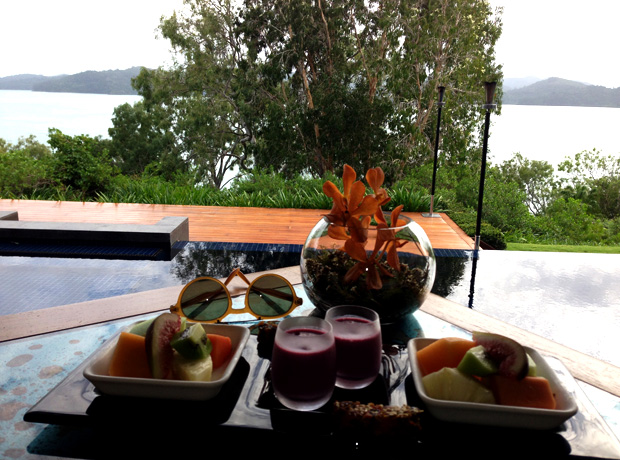 Qualia Start your day in paradise with a healthy breakfast - local tropical fruit and a smoothie shot. Then go the eggs.