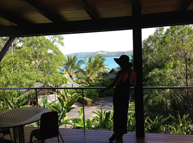 Qualia Here I am on arrival soaking up the view from our “Leeward” south facing pavilion; these pavilions are less expensive than the north-facing “Windward” pavilions that have their own private plunge pool with Coral Sea and Whitsunday Island views. 