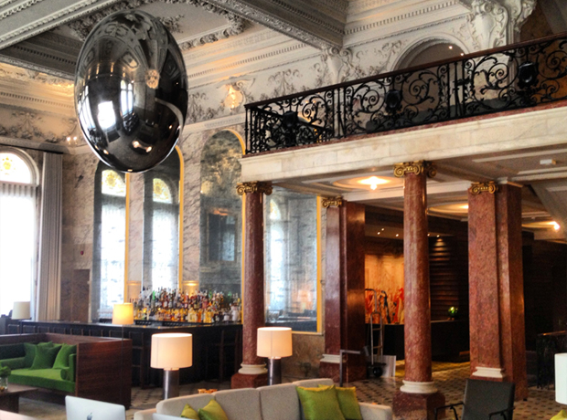 The London EDITION The incredible lobby with historic, intricate ceilings with marble and ironwork dating back to the late 1800’s. Complimented by Donald Judd couches, Dali inspired lamps and a futuristic Ingo Maurer ‘chandelier’… oh and Macs, of course.