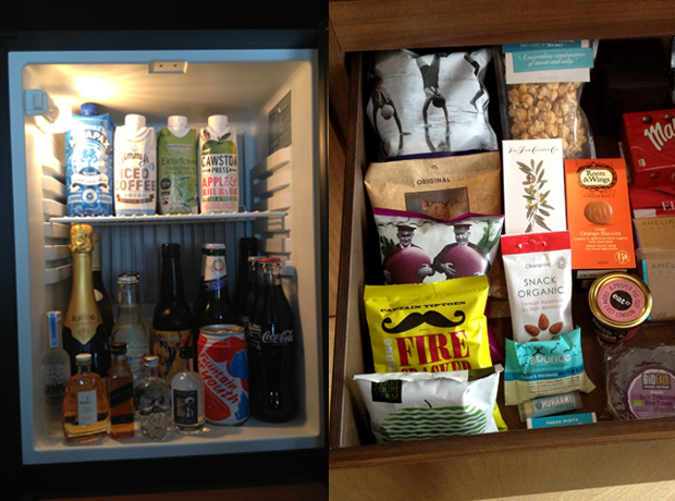 The London EDITION Mini bar goodness. No plastic, EDITION Crafty Lager, Fountain of Youth coconut water and a lovely drop of Krug champagne. Salted Caramel popcorn, crackers for the bacon jam… BACON JAM! Pork scratchings, Malteasers and dark chocolate covered rice cakes… I mean…!!!