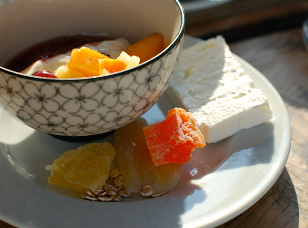 San Giorgio Mykonos Island breakfast comes equipped with Greek yogurt and fruit.