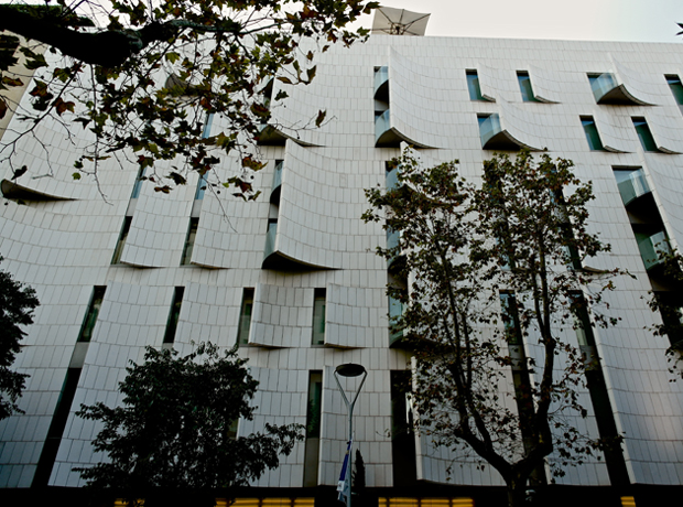 Hotel Omm The awesome exterior of Hotel OMM, the ‘waves’ giving the impression of constant movement in the building. Some have balconies; ours did, giving stunning views of Passeig de Gracia.
