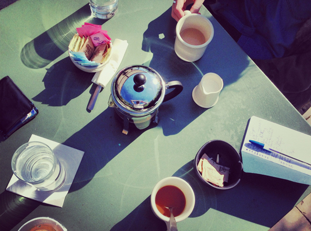 Hotel San Jose Enjoying some local brew by Austin’s Cuvée coffee in <br></noscript>the garden courtyard. 