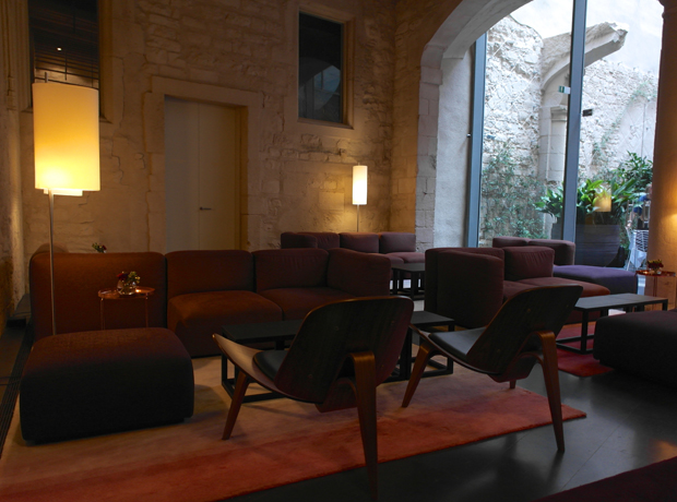 Mercer Hotel Barcelona The stunning, expansive lobby with high ceilings, stonewalls and central courtyard open to the sky. 