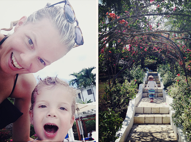 Round Hill My baby walking up a bougainvillea covered walkway <br></noscript>at Round Hill.