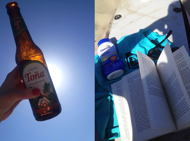 Maderas Village Beach essentials: sun-lotion, sunglasses, beer, book.
