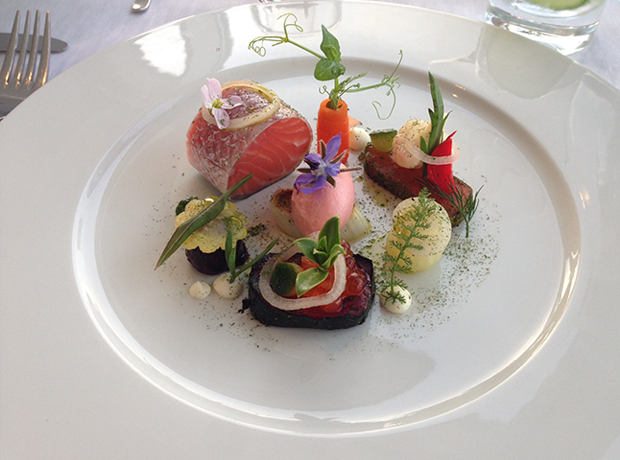 Cliff House Hotel Martjin Kajuiter’s Michelin starred Bantry Bay Organic Salmon Five Ways. Amazing!