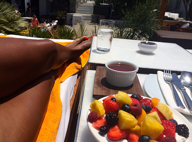 Belvedere Hotel Classic Greek breakfast poolside - berries, yogurt and honey.