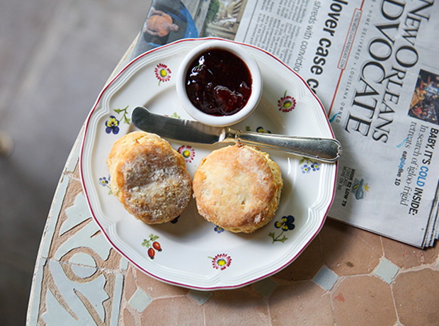 Soniat House Breakfast consists of warm buttermilk biscuits and jam and is enjoyed on my private, leafy veranda. It's so quiet…I can't believe I'm so close to the French Quarter. 