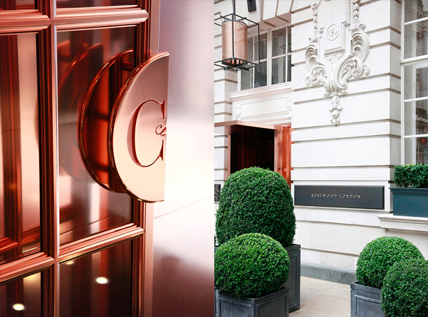 Rosewood London The plush pink Cartier toned bank vault doors and foyer of the main entrance. 