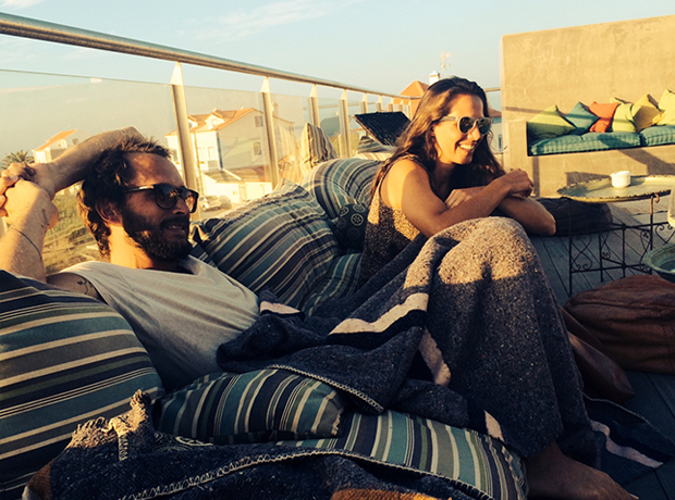 Surfers Lodge Peniche Getting cosy on the roof terrace at dusk.