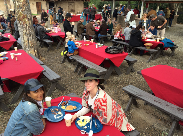 The Alisal Families and friends gathered at the Old Adobe for breakfast at the end of an hour long trail ride. 