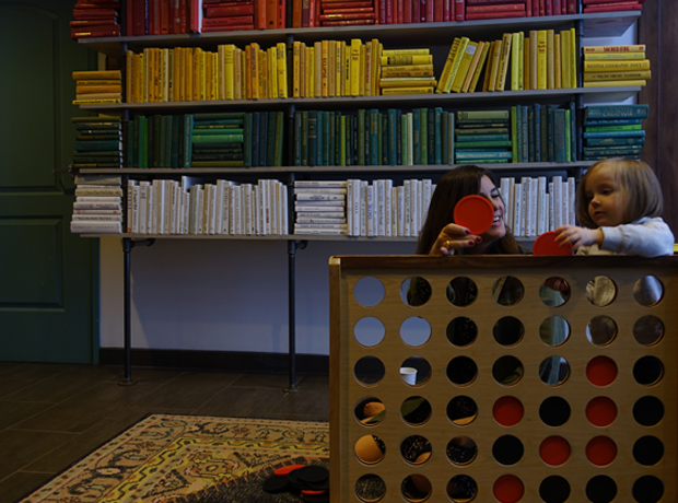 The Wayfarer Color blocked books and a giant Connect Four add to the vivid personality of the lobby. 