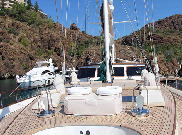 D-Hotel Maris Pasha, the hotel’s gorgeous wooden sailing yacht (plus crew), decorated by same interior designer as the hotel, available for rental for excursions along the Agean Sea. 