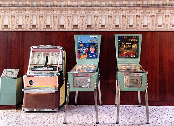 Real life grand budapest vibes...Wes anderson designed a cafe in milan and yes that's a steve zissou pinball machine. 