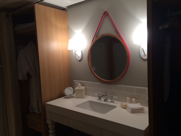 Virgin Hotels Chicago The vanity area of the bathroom.
