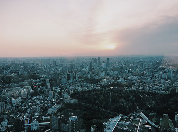 Ritz Carlton, Tokyo In awe over the never ending urban sprawl. Capped off by a sunset over Mt. Fuji. 
