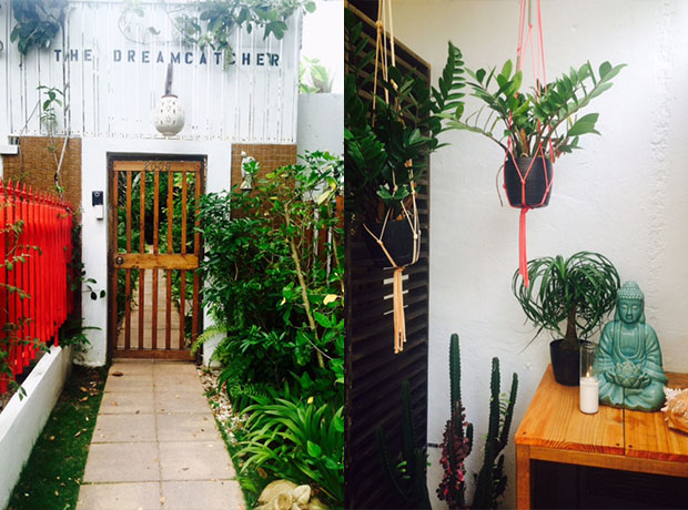 THE DREAMCATCHER Entrance walkway + handmade macrame planters.