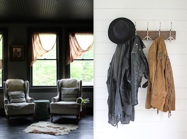 Foxfire Mountain House One of many delightfully comfortable reading corners. Black hats and fringe coats—Catskill weekend essentials .