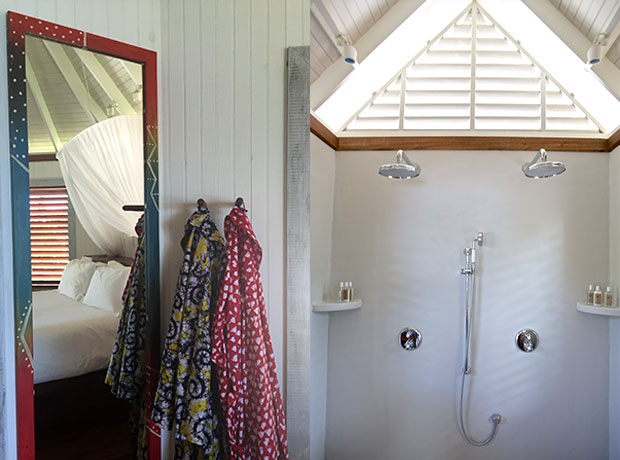 Goldeneye Beach Huts And gorgeous walk-in wet room showers! I lived in these stunning batik bathrobes which are available to buy from the Goldeneye shop.