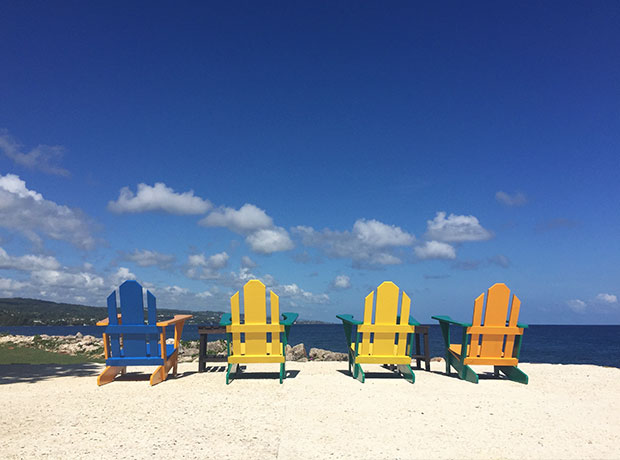 Goldeneye Beach Huts Colorful seating.