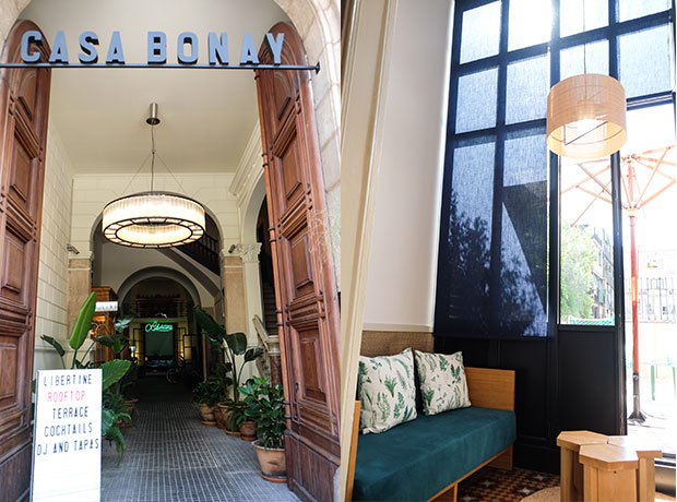 Casa Bonay Classic Catalan meets modern-fun entrance to the hotel. 
This is the view from bed of the small living room and patio. The high ceilings make the room feel very spacious.