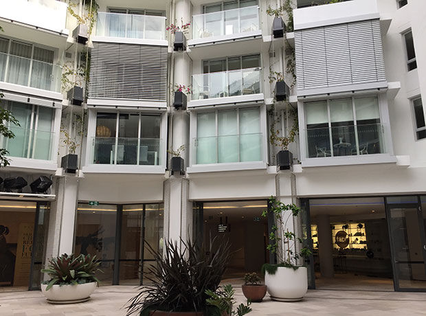 QT Bondi An internal look at the building from the outside - a communal area shared with the neighbouring luxury apartment building in the same complex. 