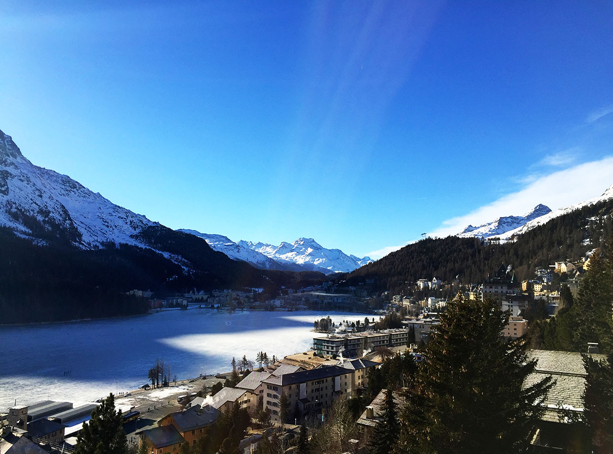 Carlton Hotel Balcony view from suite 38 over Lake St. Moritz.