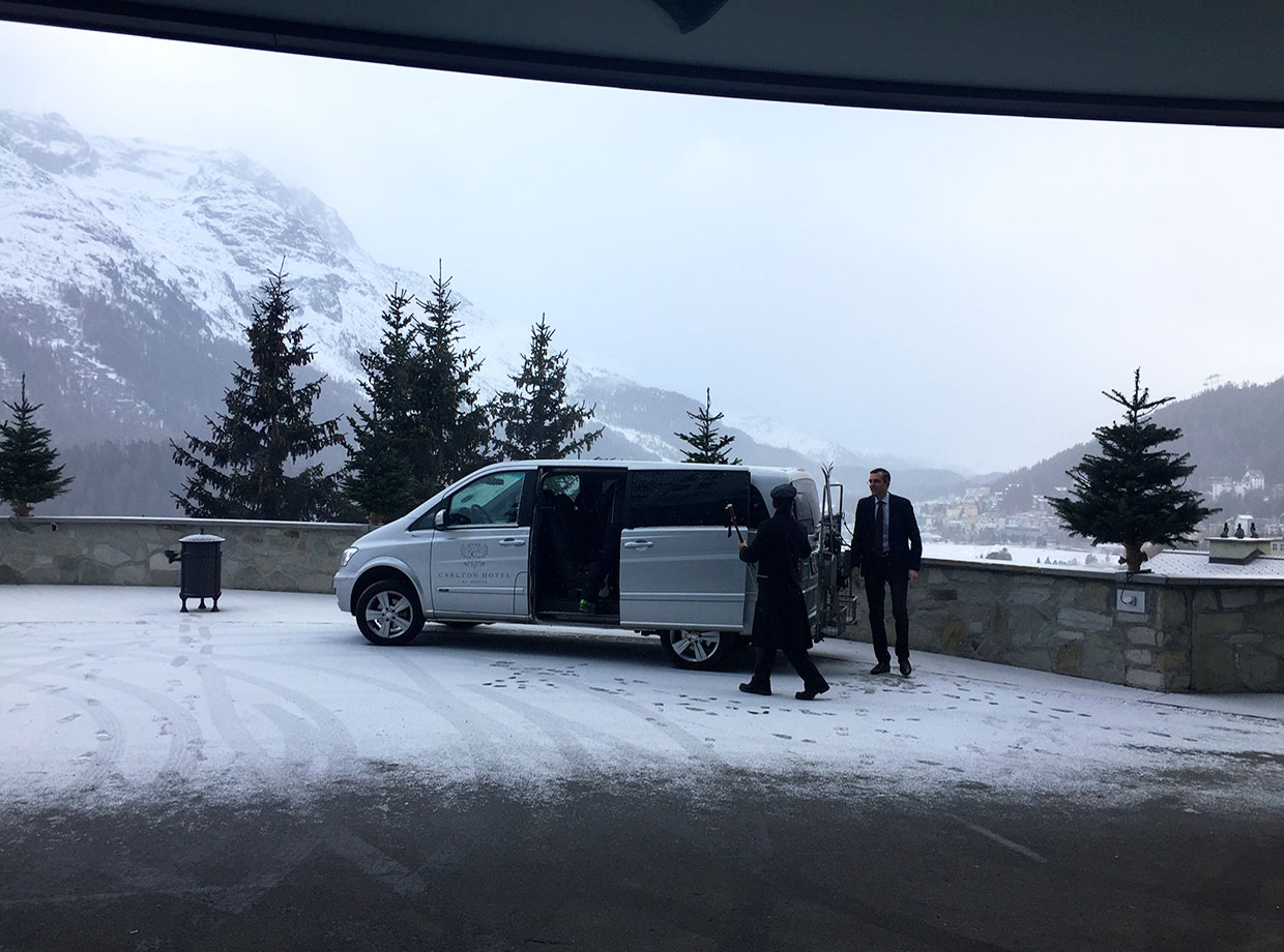 Carlton Hotel Shuttle to the slopes of Corviglia. 