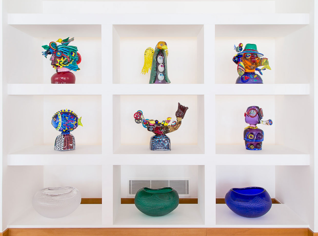 Casa Angelina Hand-blown glass artworks on display.