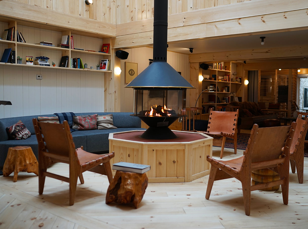 Scribner’s Catskill Lodge Main room fireplace.