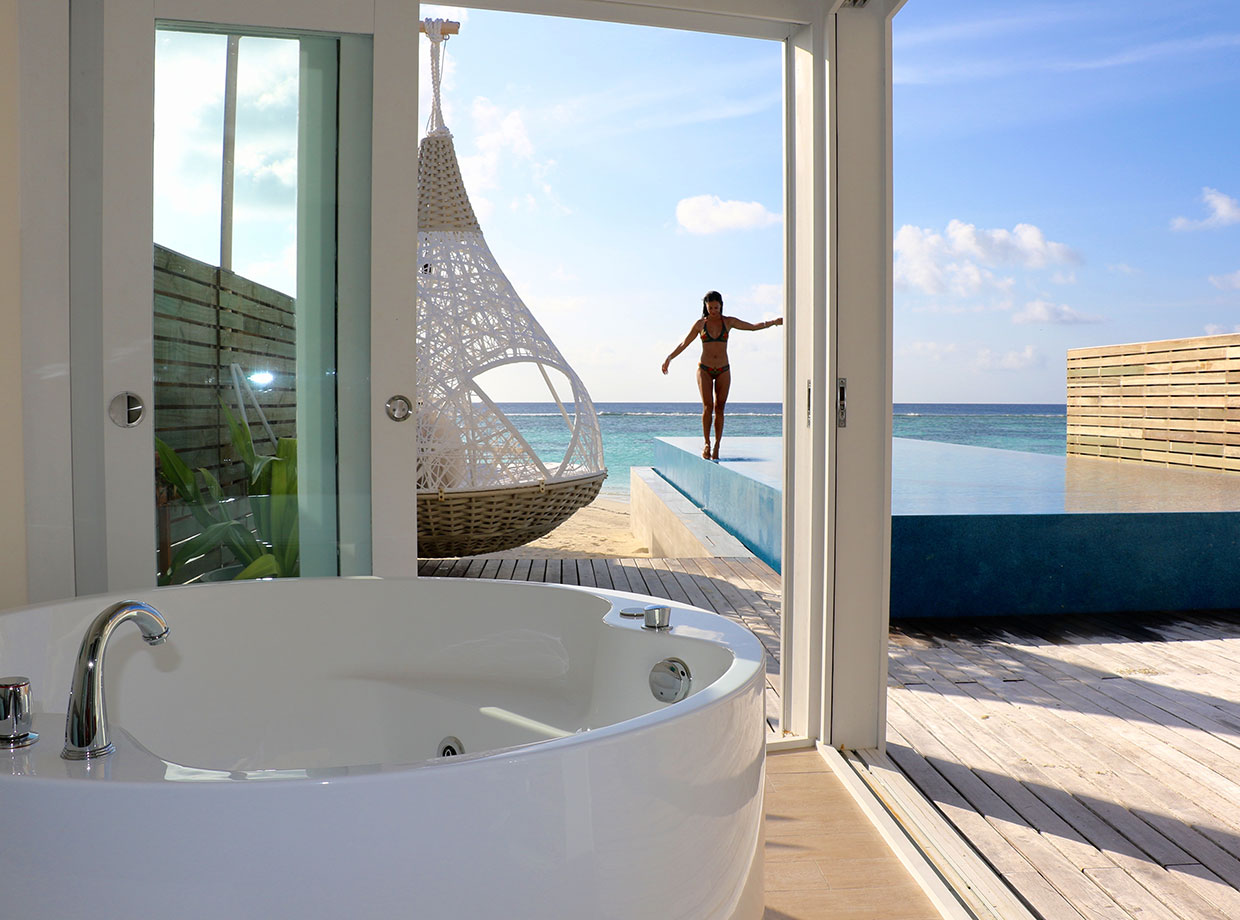 Lux* South Ari Atoll View from the bed at the Temptation Pool Water villa.  The definition of luxurious indulgence. 