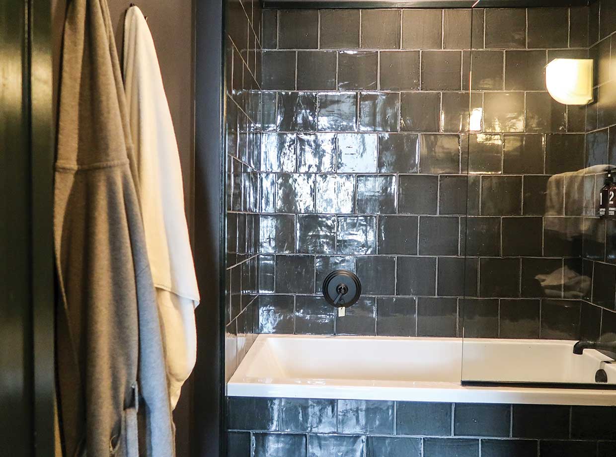 ACE Hotel New Orleans Bathroom with custom Wings + Horns bathrobes