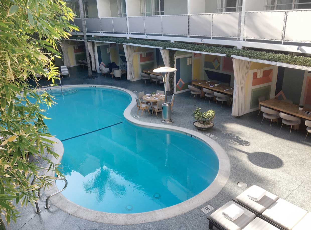 Avalon Hotel The hotel rooms all look out onto a central courtyard with a kidney-shaped pool and a series of cozy shaded cabanas, which was empty during our visit thanks to the unseasonably cold and rainy L.A. winter.