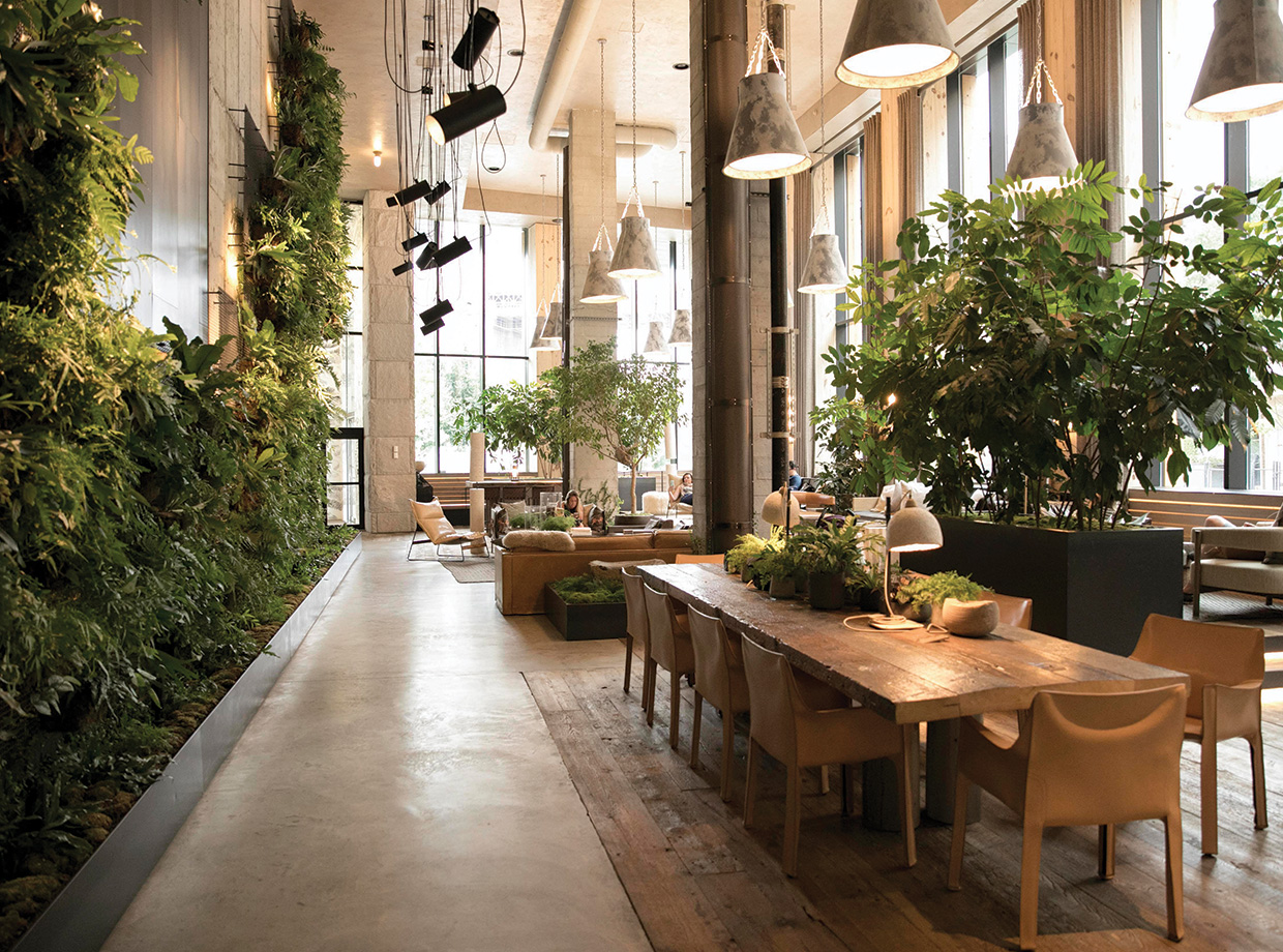 1 Hotel Brooklyn Bridge Hotel lobby lounge...common spaces to read, relax or take in the architecture and indoor zen.