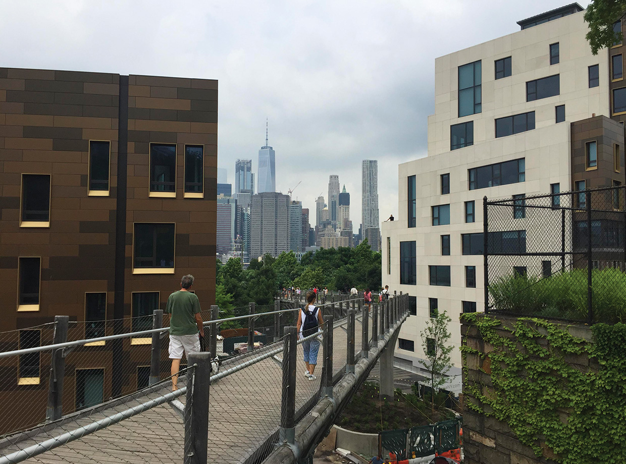 1 Hotel Brooklyn Bridge Citi Bike the Brooklyn Heights promenade and return via the Brooklyn Bridge Park walkway.  Hotel exterior on the right.