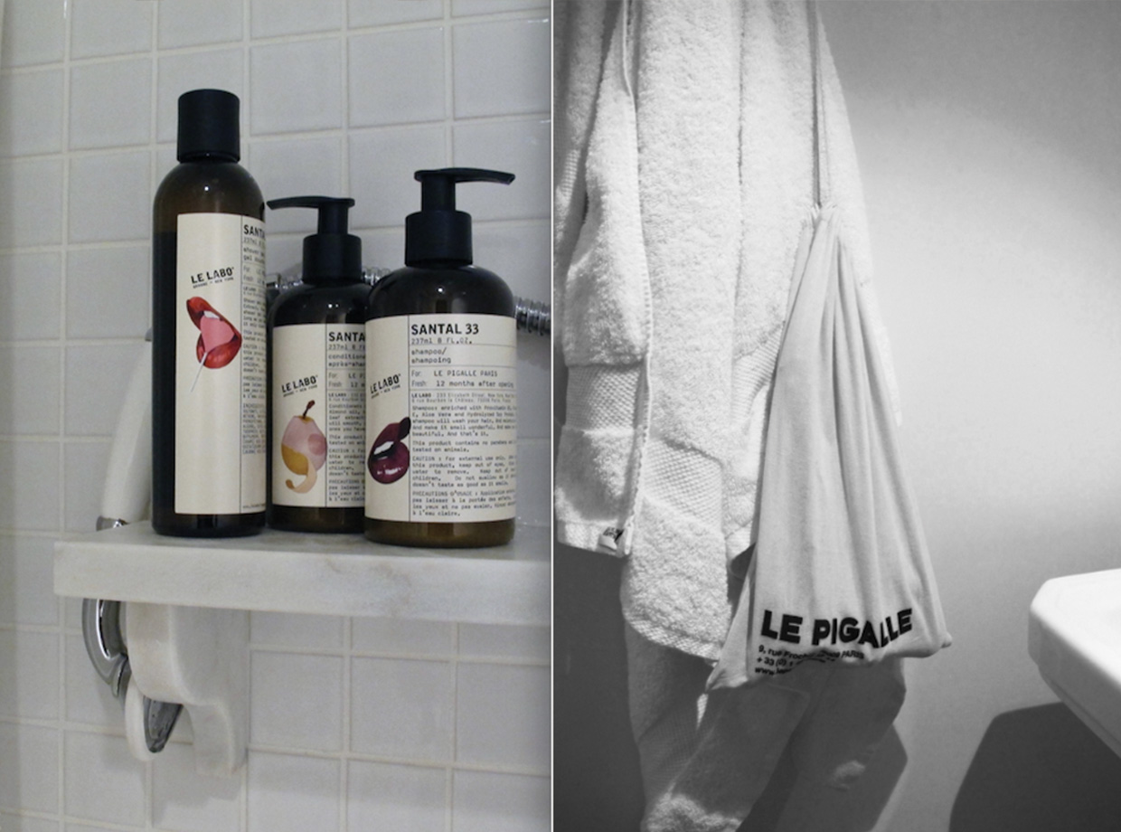 Le Pigalle The products are Le Labo Santal with Le Pigalles design illustrations on them. It’s great, but if you take these babies home with you, you’ll get charged through the roof. The hairdryer tote too. Big time bummer. Look, don’t touch: I guess that reflects in the stripper theme of Le Pigalle :( 