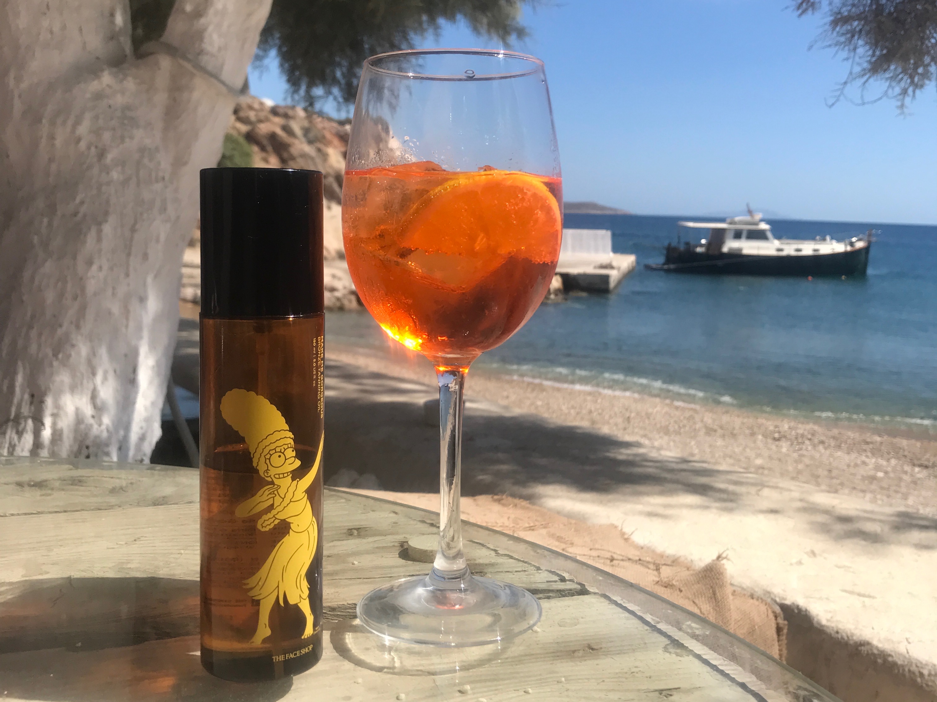 Beach House Antiparos Tanning oil & Aperol Spritz