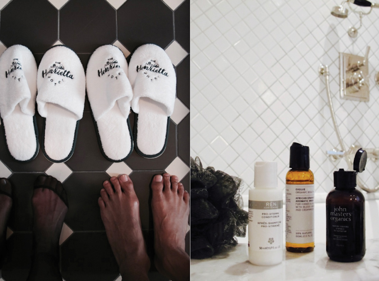 Henrietta Slippers for him and her. And an eclectic, yet organic mix of the toiletries is so refreshing.