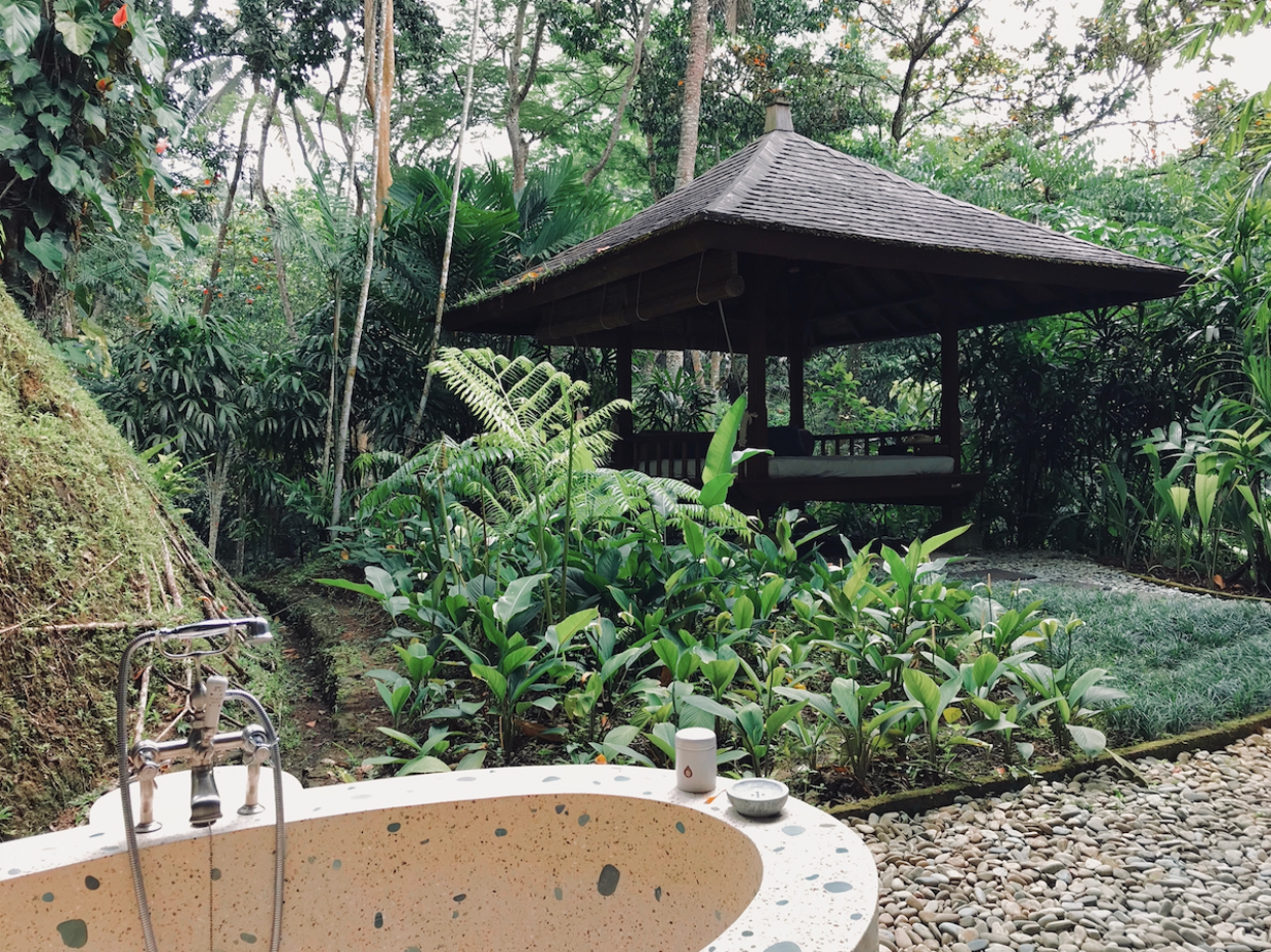 COMO Shambhala Estate Outside bathtub and shower in the garden of our residence. The very very relaxing gazebo was the best nap spot. 