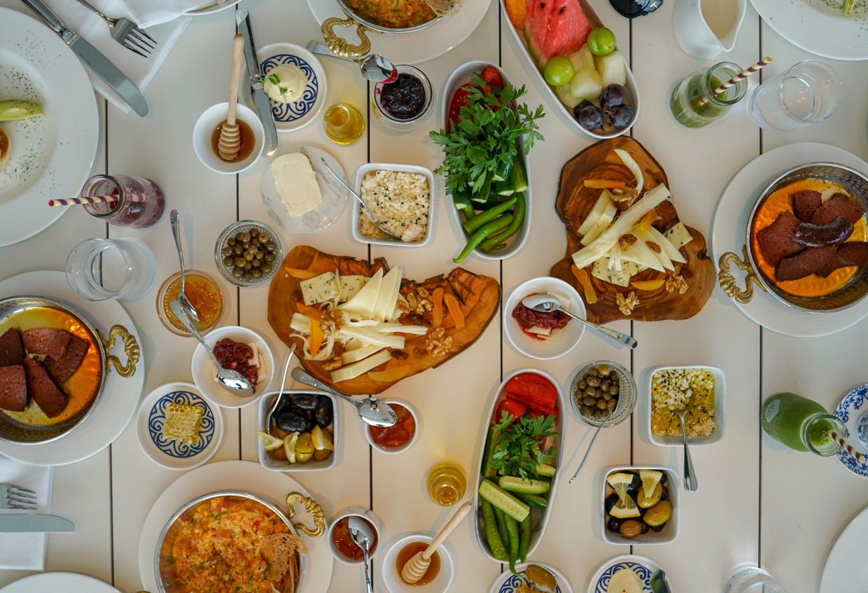 The Bodrum EDITION Dream come true: breakfast served until 6pm. Here the traditional Turkish breakfast spread (among other international classics) at Kitchen. 