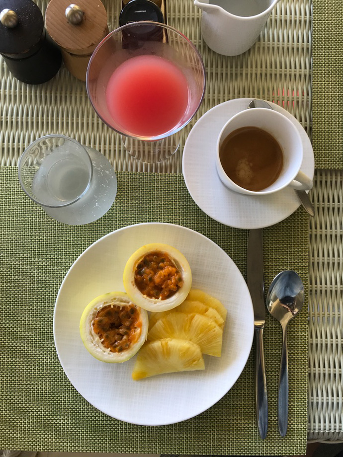 Viceroy Sugar Beach Fresh watermelon juice and fresh fruit everyday at breakfast, but of course you could have anything, a huge amount of delicious food on offer to start the day off well