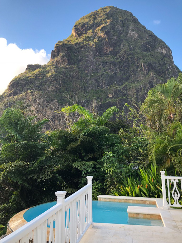 Viceroy Sugar Beach Petit Piton, though the smaller of the two Pitons, looks pretty huge from our terrace and plunge pool.