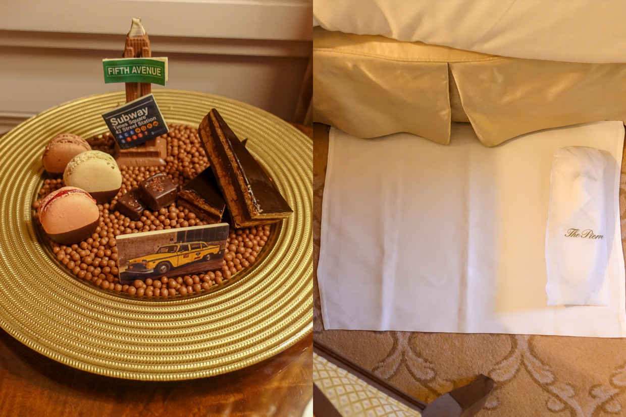 The Pierre Midnight treats: Empire State Building shaped chocolate and soft slippers.