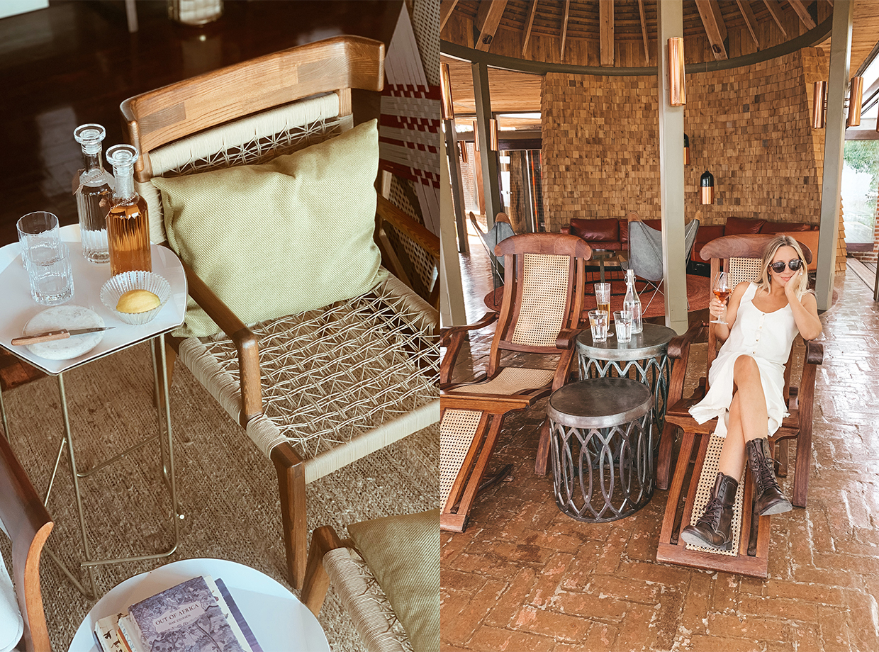 Angama Mara Loved the juxtaposition of clean, modern furniture in a luxurious, rustic safari tent. Enjoying a glass of rosé upon check-in.