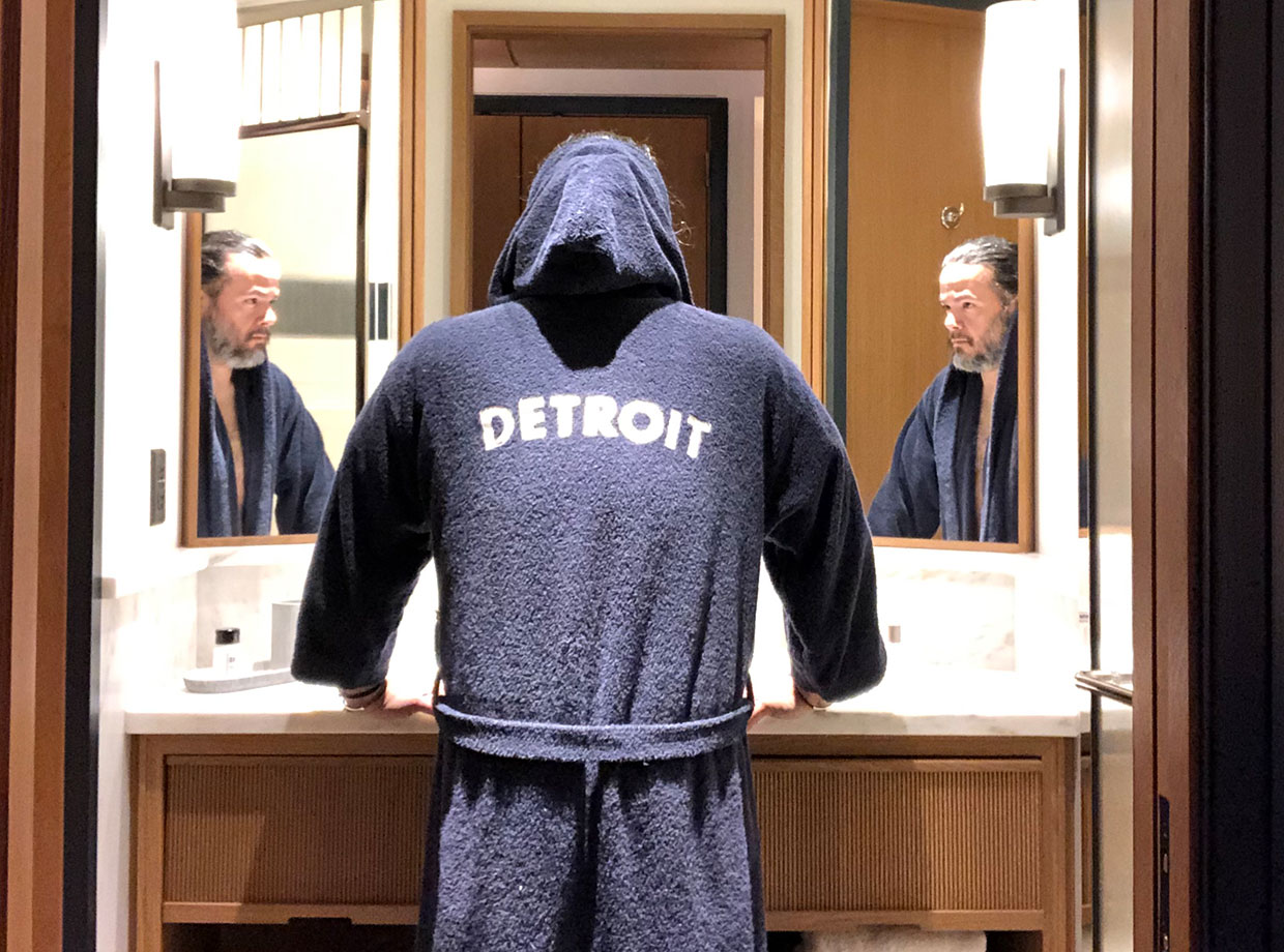 Shinola Hotel The bathrobes are indigo-dyed navy terrycloth with a hood and ‘Detroit’ written on the back. I feel like a boxer when I wear it. And yes - they are for sale!
